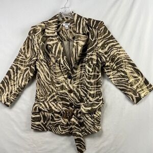 Cache Safari Jacket Womens Large Gold Brown Metallic Zebra Print Linen Belted